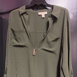Michael Kors Collard Blouse Quarter Gold Zip XL Green
